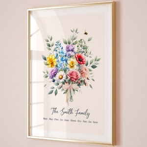 Buquê de flores para família, arte floral personalizada para o mês de nascimento, retrato floral de família, impressão de flores para o mês de nascimento, presente personalizado, download digital