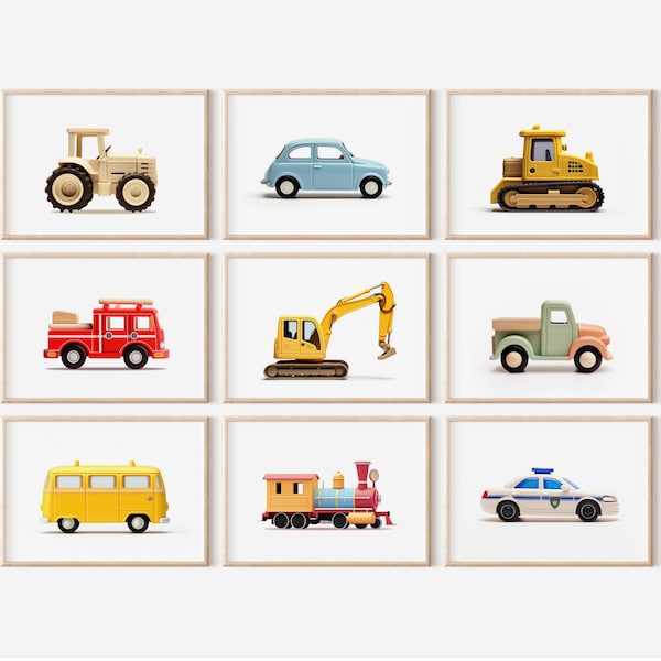 Láminas de vehículos para guardería, juego de 9, imprimibles para pared de guardería, decoración para habitación de bebé niño, decoración para habitación de niño pequeño, láminas para guardería de niño