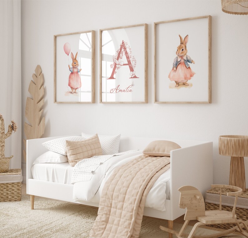 Bunny rabbit print, custom nursery name, baby girl print, Nursery Decor Girl, baby animals nursery, nursery wall art, nursery animals print, baby girl print, baby girl printable, nursery decor girl, personalised nursery decor, nursery print girl
