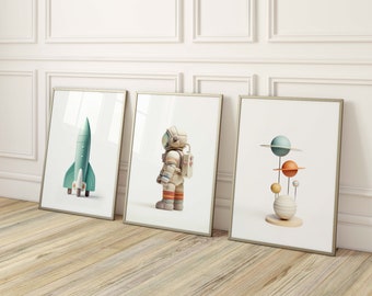 Weltraum Kinderzimmer Poster: Rakete, Astronaut, Planeten (6er Set) (Digitaler Download)