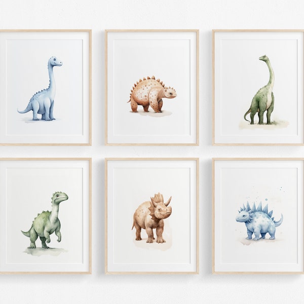 Dinosaur Decor, Dinosaur Prints, Set of 6, Dinosaur Wall Art, Dinosaur Nursery, Boys Bedroom Decor, Nursery Decor Boy, Printable, Watercolor