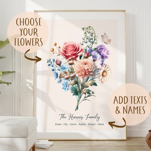 Custom Mother's Day Gift,Personalized Birth Flower Family Bouquet,Personalized Grandma's Garden Poster with Grandkids Names,Grandmother Gift