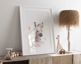 Zebra Print, Safari Nursery Decor, Nursery Wall Art Printable Set of 6, Baby Animals Prints, Baby Girl Wall Art, Safari Nursery Prints