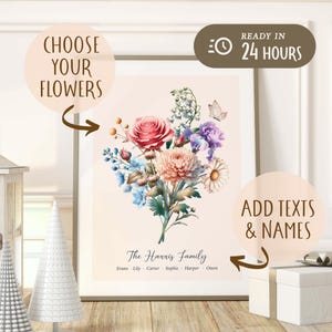 Regalo de Navidad personalizado, ramo familiar de flores de nacimiento personalizado, póster personalizado para el jardín de la abuela con los nombres de los nietos, regalo para la abuela.