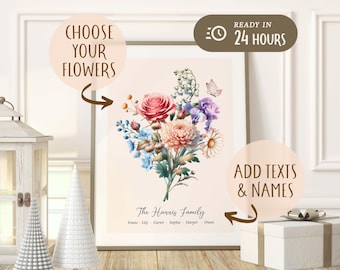 Custom Christmas Gift,Personalized Birth Flower Family Bouquet,Personalized Grandma's Garden Poster with Grandkids Names,Grandmother Gift
