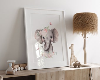 Estampa de elefante, decoração de quarto de bebê com tema safari, arte de parede para imprimir para quarto de bebê, estampas de animais para bebês, arte de parede para bebê menina, estampas de safari para quarto de bebê, floral