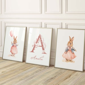 Bunny rabbit print, custom nursery name, baby girl print, Nursery Decor Girl, baby animals nursery, nursery wall art, nursery animals print, baby girl print, baby girl printable, nursery decor girl, personalised nursery decor, nursery print girl