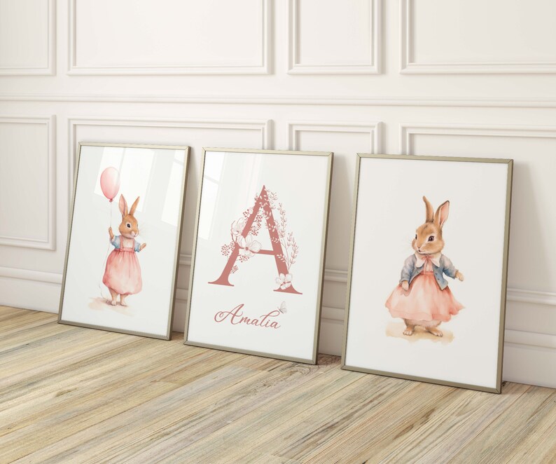 Bunny rabbit print, custom nursery name, baby girl print, Nursery Decor Girl, baby animals nursery, nursery wall art, nursery animals print, baby girl print, baby girl printable, nursery decor girl, personalised nursery decor, nursery print girl