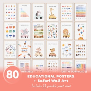 Juego de 80 carteles educativos, decoración de guardería con temática de safari, impresión para la educación en el hogar, decoración del aula, material educativo imprimible, carteles de guardería Montessori
