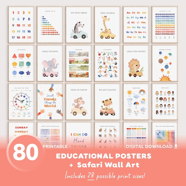 Set van 80 educatieve posters, Safari kinderkamer decor, homeschool print, klas decor, educatieve afdrukbare, Montessori kinderkamer posters
