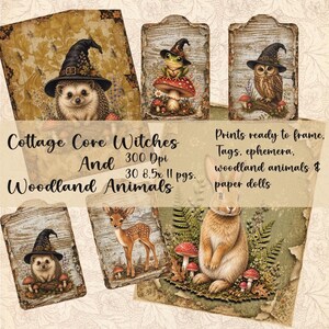 May include: A collection of digital art prints featuring woodland animals including a hedgehog, frog, owl, deer, and rabbit wearing witch hats, with text reading Cottage Core Witches And Woodland Animals, 300 Dpi, 30 8.5x 11 pgs, Prints ready to frame, Tags, ephemera, woodland animals & paper dolls.