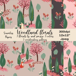 Puede incluir: Papeles florales de bosque sin costuras con un patrón repetitivo. El diseño presenta árboles, flores y criaturas del bosque en tonos de rosa, verde y marrón. La imagen mide 30,48 x 30,48 cm y 300 ppp.