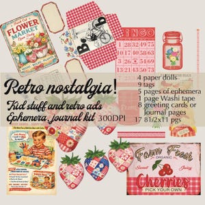 May include: A collection of retro-themed ephemera, including a flower market sign, bingo card, and strawberry-shaped patches. The kit includes paper dolls, tags, washi tape, and journal pages. The text "Retro nostalgia!" is prominently displayed.