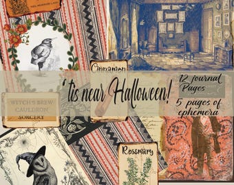 Puede incluir: Un collage de imágenes con temática de Halloween. El collage incluye imágenes de un caldero de bruja, un búho, una habitación con una cama y un libro sobre cómo hacer amigos con los pájaros. El texto "'tis near Halloween!" está escrito en una fuente decorativa. El collage está compuesto por 12 páginas de diario y 5 páginas de efímeras.