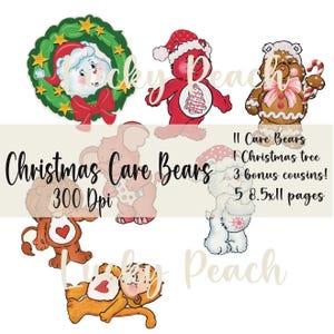 May include: A collection of Christmas Care Bears illustrations. The image features various bears in festive attire, including Santa hats and a gingerbread bear holding a candy cane. Text includes "Christmas Care Bears" and "300 DPI".