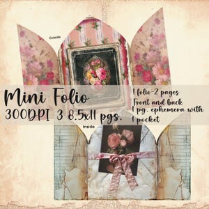 Puede incluir: Un mini folio con estética vintage. El folio presenta patrones florales y a rayas, con una imagen floral enmarcada. El texto en el folio dice "Mini Folio 300DPI 3 8.5x11 pgs." y "I folio-2 pages Front and back I pg. ephemera with I pocket."