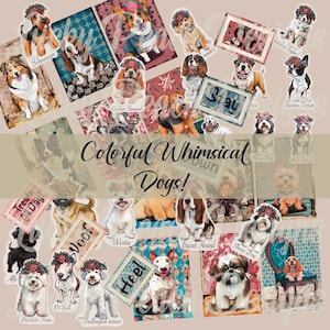 ATC cards,journal pages, dogs, ephemera, background collage, digital collage sheet, whimsical, mythical, instant download, junk journal