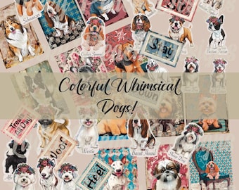 May include: A collage of colorful illustrations of various dog breeds, each with a floral crown and a unique personality. The images are set against a background of patterned fabric and include text such as "Treats All Day", "Woof", and "Heel".