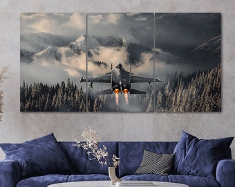 Fighter Jet Tactical Aircraft over Forest 3 Piece Canvas Wall Art Framed Multi Panel Prints Modern Home Decor
