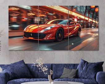 Red Ferrari Sports Car Fast Drive City Scene 3 Piece Canvas Wall Art Framed Multi Panel Prints Modern Home Decor
