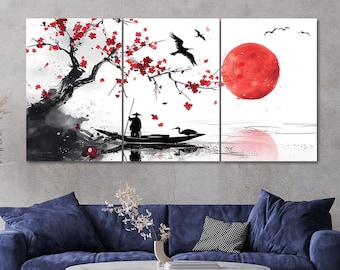 Abstract Japanese Landscape Red Sun PETA Approved Eco Leather