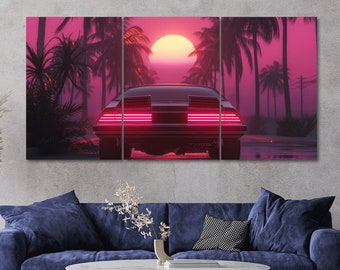 Vaporwave Sunset Cyberpunk Car Scene 3 Piece Canvas Wall Art Framed Multi Panel Prints Modern Home Decor