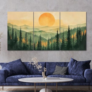 Pine Forest at Sunset Mountain Landscape 3 Piece Canvas Wall Art Framed Multi Panel Prints Painting Style Art Modern Home Decor