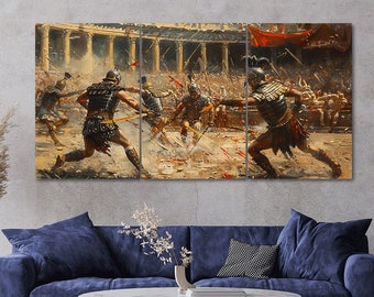 Roman Gladiator Battle Canvas Wall Art: 3-Piece Multi Panel Print