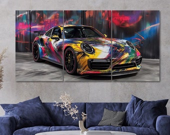 Colorful Porsche Sports Car 3 Piece Canvas Wall Art Framed Multi Panel Modern Home Decor