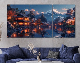 Japanese Canvas Wall Art - Blooming Cherry Trees & Mount Fuji Landscape Painting, 24x36 Inches, Framed Ready To Hang - View #11