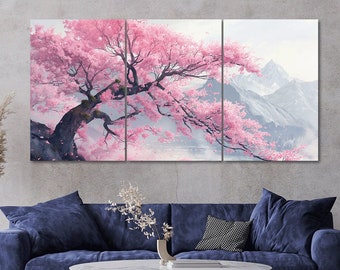 May include: A three-panel canvas print featuring a pink cherry blossom tree with a mountain range in the background. The tree is in full bloom and the branches are reaching out towards the mountains. The mountains are covered in snow and the sky is a light blue.