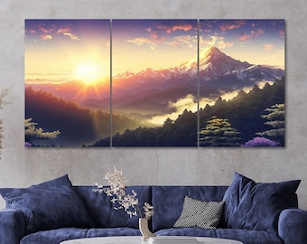 Sunrise Mountain Canvas Wall Art: 3 Piece Forest Landscape Print Set