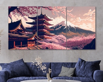 Mount Fuji Canvas Wall Art: Japanese Temple Landscape, Set of 3