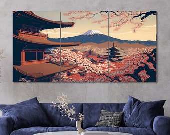 3 piezas Mount Fuji Pink Sakura Trees Canvas Wall Art enmarcado Multi Panel Japanese Anime Painting Style Art Set de 3 impresiones Modern Home Decor