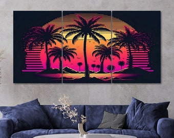 3 Piece Sunset Palm Trees Outrun Canvas Wall Art Framed Multi Panel Synthwave Painting Style Art Set of 3 Prints Modern Home Decor