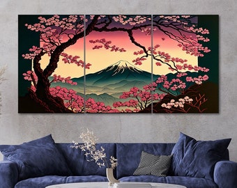 3 piezas Mount Fuji Pink Sakura Trees Canvas Wall Art Framed Multi Panel Japanese Painting Style Canvas Art Set de 3 impresiones Modern Home Decor