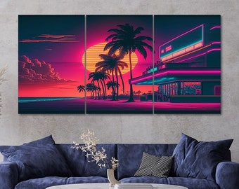 3 Piece Beach Sunset Palm Trees Outrun Canvas Wall Art Framed Multi Panel Synthwave Painting Style Art Set of 3 Prints Modern Home Decor