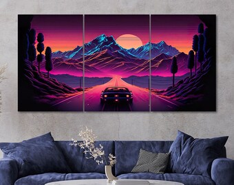 3 Piece Vaporwave Mountain Road Sunset Landscape Canvas Wall Art Framed Multi Panel Outrun Painting Style Art Set of 3 Prints Home Decor