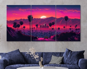 3 Piece Los Angeles Mountain Road Landscape Canvas Wall Art Framed Multi Panel Vaporwave Painting Style Art Set of 3 Prints Modern Home Deco