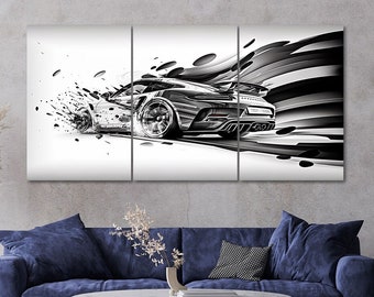 3 Piece Porsche 911 Sports Car Black White Abstract Canvas Wall Art Framed Multi Panel Art Set of 3 Prints Modern Home Decor