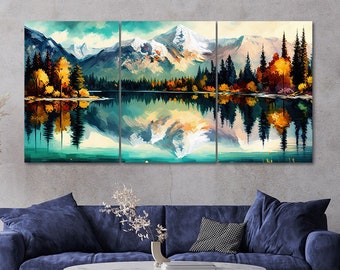 Lake Mountain Reflection Canvas Wall Art: 3 Piece Nature Landscape