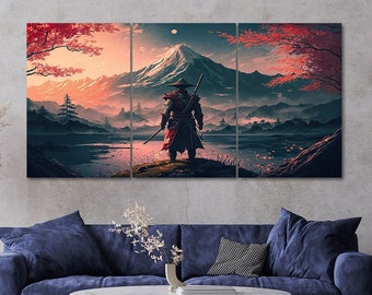 Samurai Canvas Wall Art Framed 3 Piece Warrior Mountain Landscape Picture Multi Panel Painting Style Art Set of 3 Prints Modern Home Decor