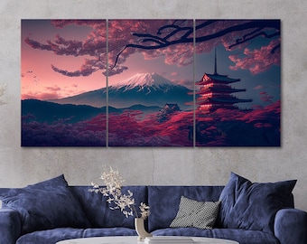3 Piece Mount Fuji Pink Sky Cheery Blossom Japanese Temple Landscape Canvas Wall Art Framed Multi Panel Set of 3 Prints Modern Home Deco