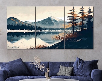 Winter Mountain Lake Canvas Wall Art: 3 Piece Modern Landscape Print Set