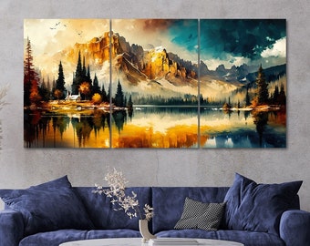 Lake and Mountains Canvas Wall Art: Modern Reflection Landscape, Set of 3