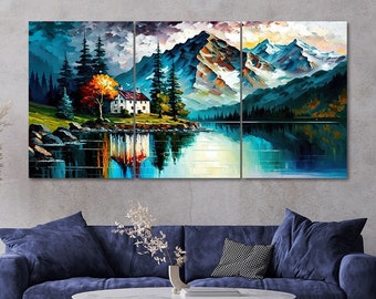 3 Piece Lake House Mountains Landscape Canvas Wall Art Framed Multi Panel Painting Style Art Set of 3 Prints Modern Home Decor