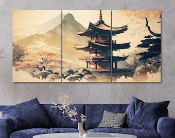 Buddhist Temple Mountain Canvas Wall Art: 3 Piece Watercolor Print Set