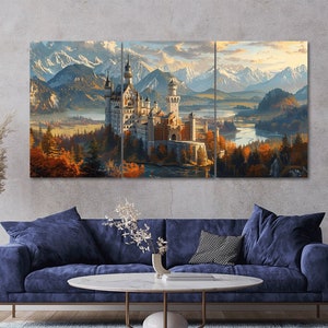 May include: A painting of a white castle with a brown roof and a blue lake in the foreground. The castle is surrounded by trees and mountains in the background. The sky is blue and there are clouds in the sky.