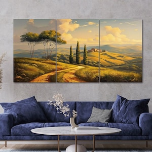 Tuscany Landscape Golden Hour Scene 3 Piece Canvas Wall Art Framed Multi Panel Prints Painting Style Art Modern Home Decor