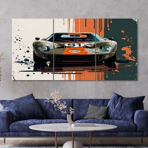 3ピース フォード GT40 スポーツカー キャンバス ウォールアート フレーム付き マルチパネル 抽象画スタイル キャンバスアート 3枚セット プリント モダン ホームデコレーション